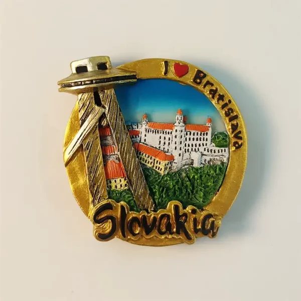 Front view of Bratislava UFO Observation Deck and Castle 3D fridge magnet, showcasing landmark details.