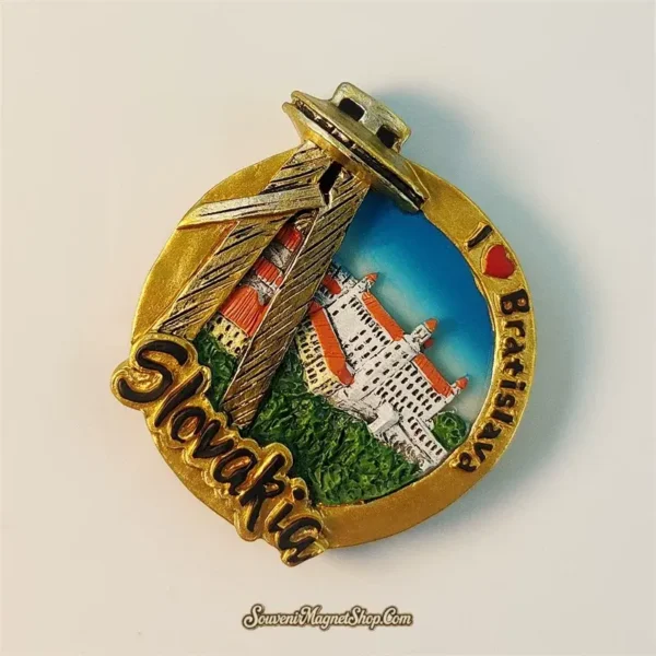Unique Bratislava UFO Observation Deck and Castle travel gift magnet, perfect for culture lovers.