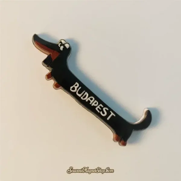 Budapest dachshund funny fridge magnet tilted side view showing full body shape and BUDAPEST lettering