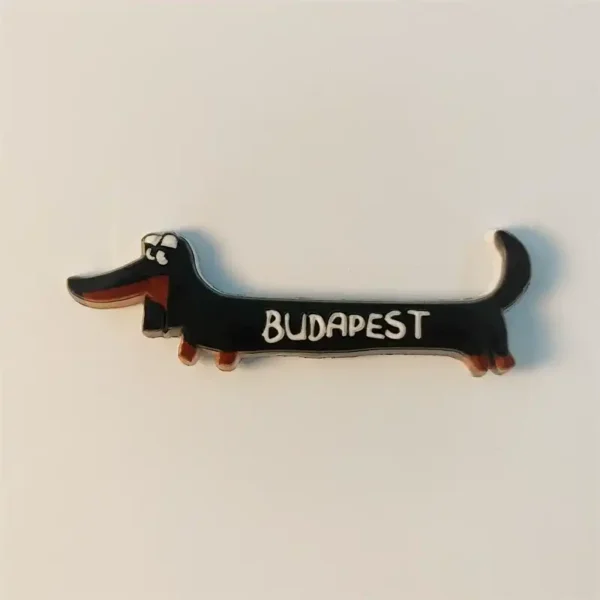 Funny Budapest dachshund fridge magnet, black sausage dog shape with white BUDAPEST text