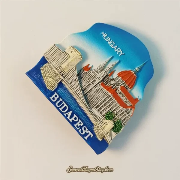 Budapest travel gift magnet depicting the famous Szechenyi Chain Bridge and the magnificent Parliament Building, ideal for collectors.