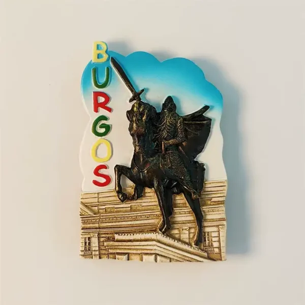 Front view of the Burgos El Cid statue fridge magnet, showcasing the knight on horseback with a sword.
