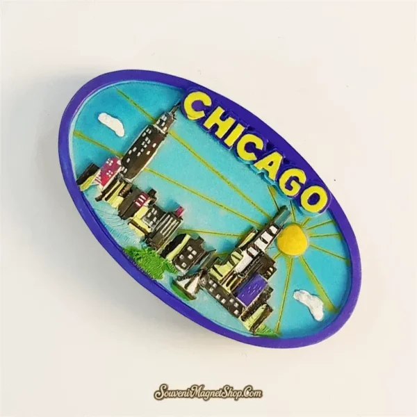 Chicago fridge magnet angled right view showing 3D relief skyline depth and colorful oval design