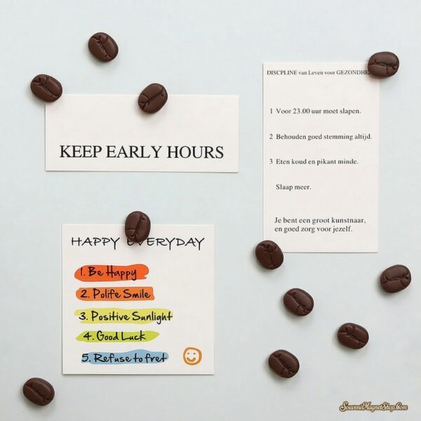 Coffee bean fridge magnets pinning three note cards on a light surface — Keep Early Hours, colorful Happy Everyday list, and Dutch Discipline for Health card — showing real functional use as note holders