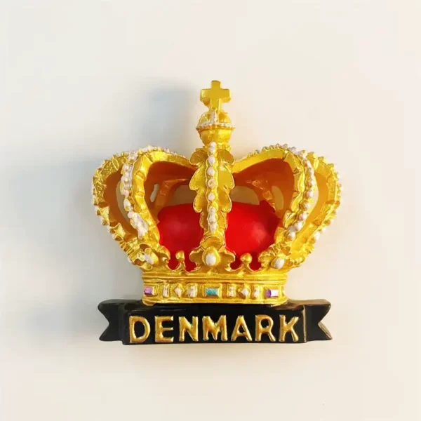 Denmark royal crown souvenir fridge magnet front view, gold and red 3D resin design with pearl trim and DENMARK banner