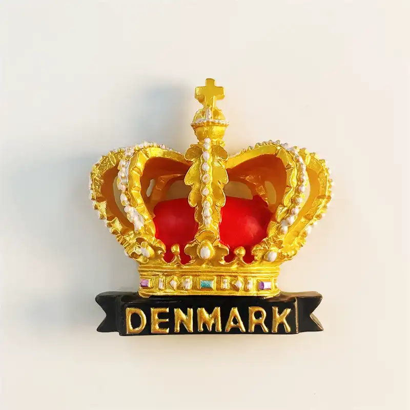 Denmark royal crown souvenir fridge magnet front view, gold and red 3D resin design with pearl trim and DENMARK banner