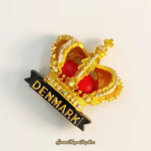 Denmark crown fridge magnet right-angle view showing 3D resin depth, gold arches and red interior