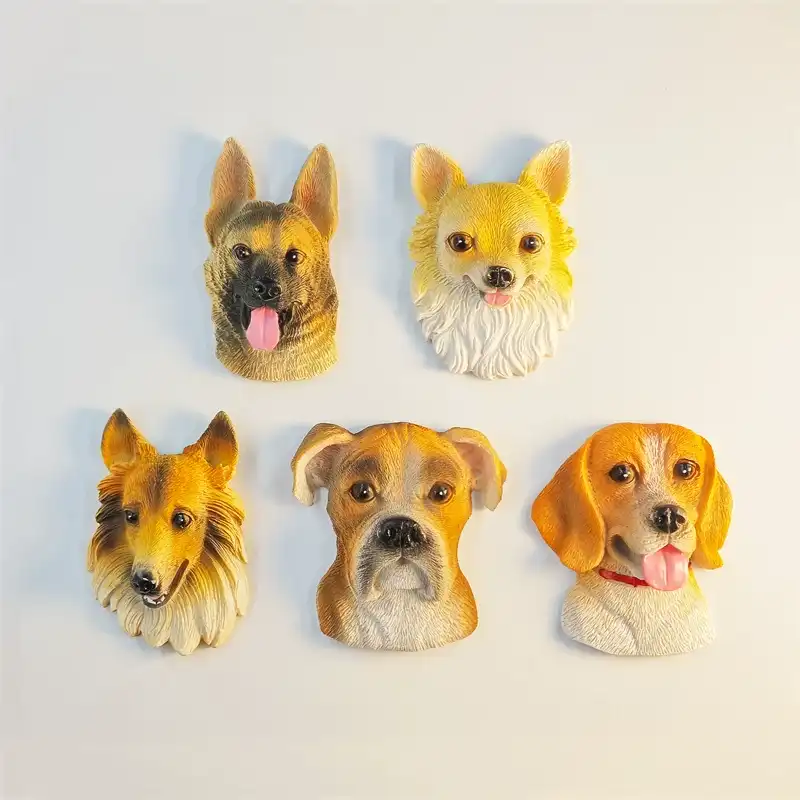 Set of 5 dog breed fridge magnets — German Shepherd, Collie, Bulldog, Foxhound, and Pomeranian
