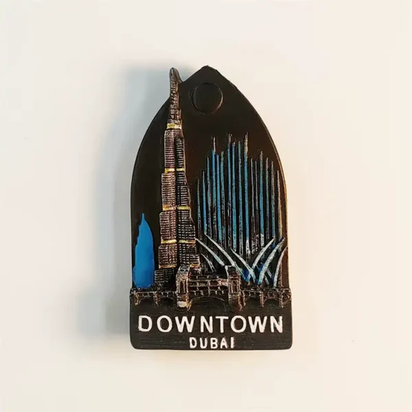 Dubai Burj Khalifa souvenir fridge magnet front view with downtown skyline fountain and night scene