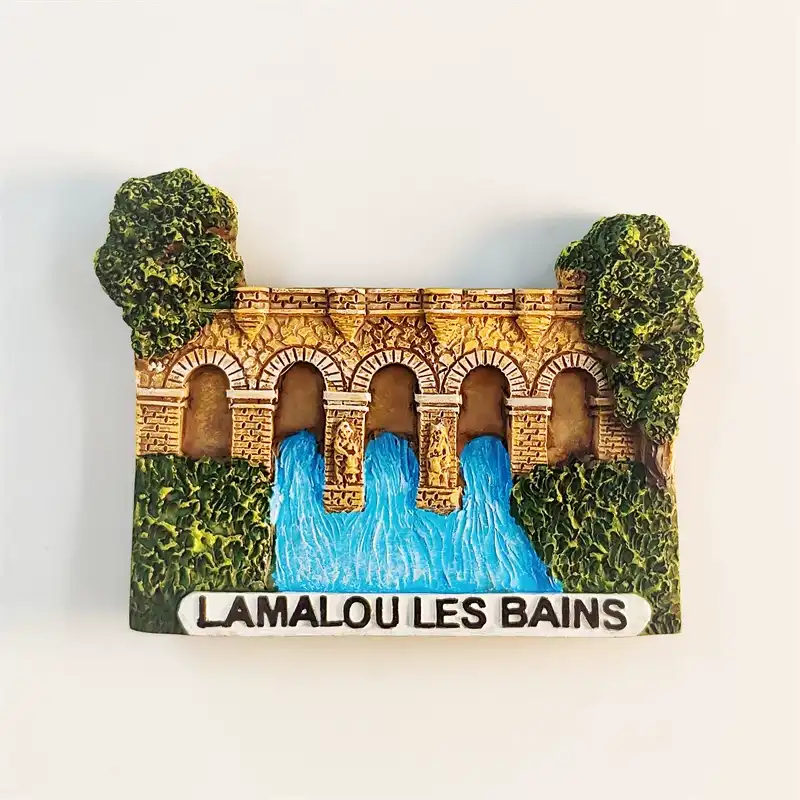 France Lamalou-les-Bains souvenir fridge magnet front view with Roman stone aqueduct and cascading blue water