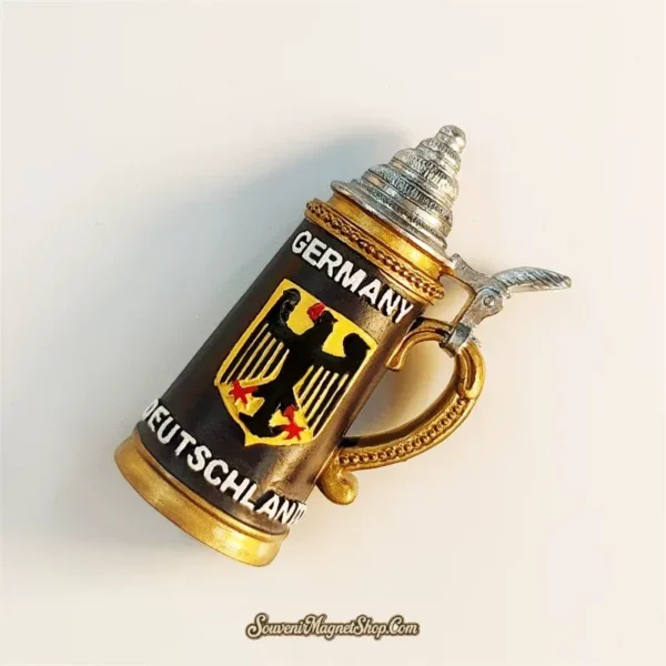 Germany Deutschland beer stein travel fridge magnet angled view showing silver lid and gold handle