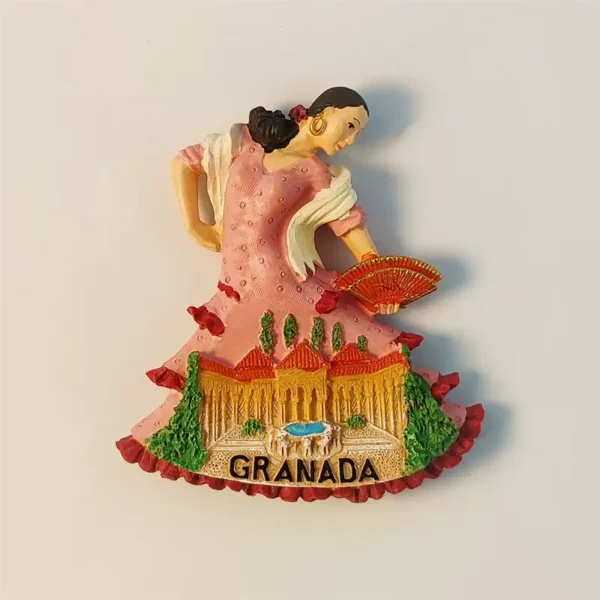 Granada Spain fridge magnet flamenco dancer in pink dress holding red fan with Alhambra Palace base
