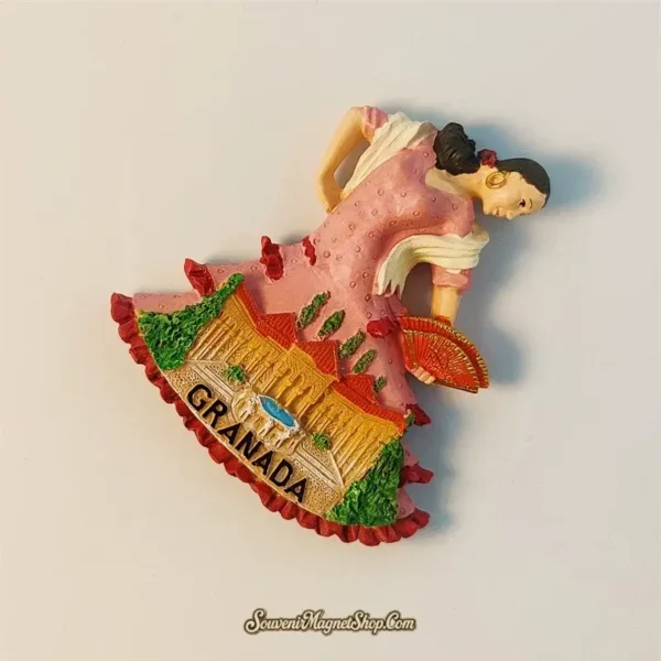 Dynamic angle view of Granada travel fridge magnet highlighting Alhambra Palace relief and GRANADA text