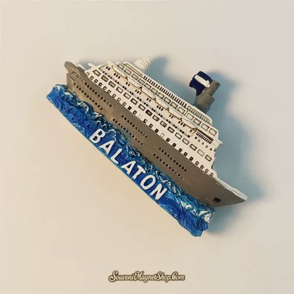 Lake Balaton Hungary souvenir magnet angled view showing top deck details and blue wave base with BALATON lettering