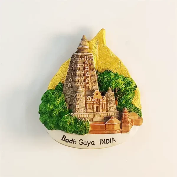 India Bodh Gaya Mahabodhi Temple souvenir fridge magnet front view on golden Bodhi leaf with green trees