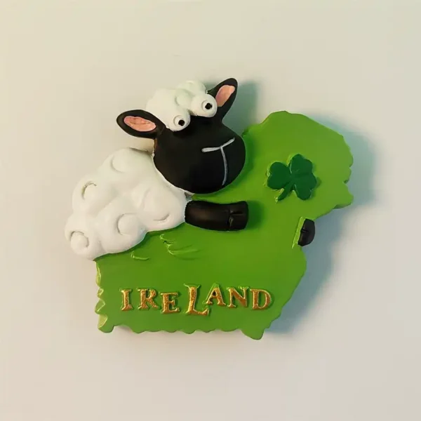 Front view of an adorable Ireland sheep and shamrock map fridge magnet, showcasing vibrant green and white colors.