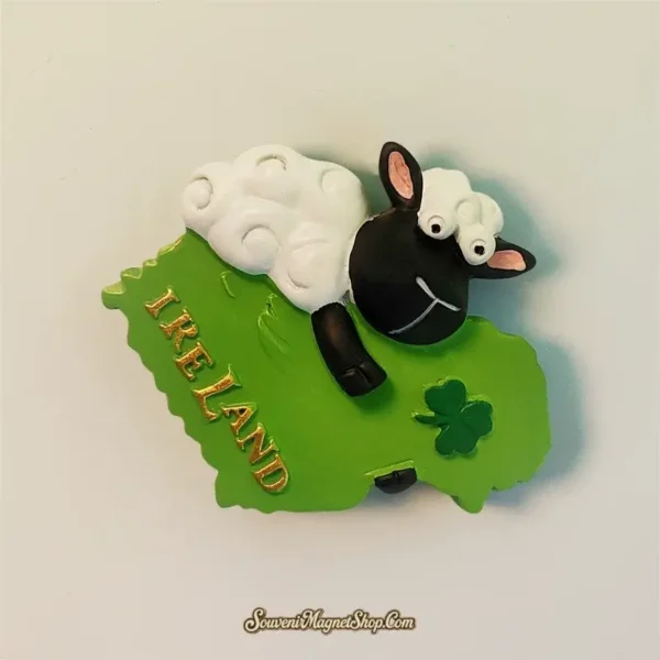 Unique Ireland sheep and shamrock map travel gift magnet, perfect for collectors or as a memento of Irish adventures.