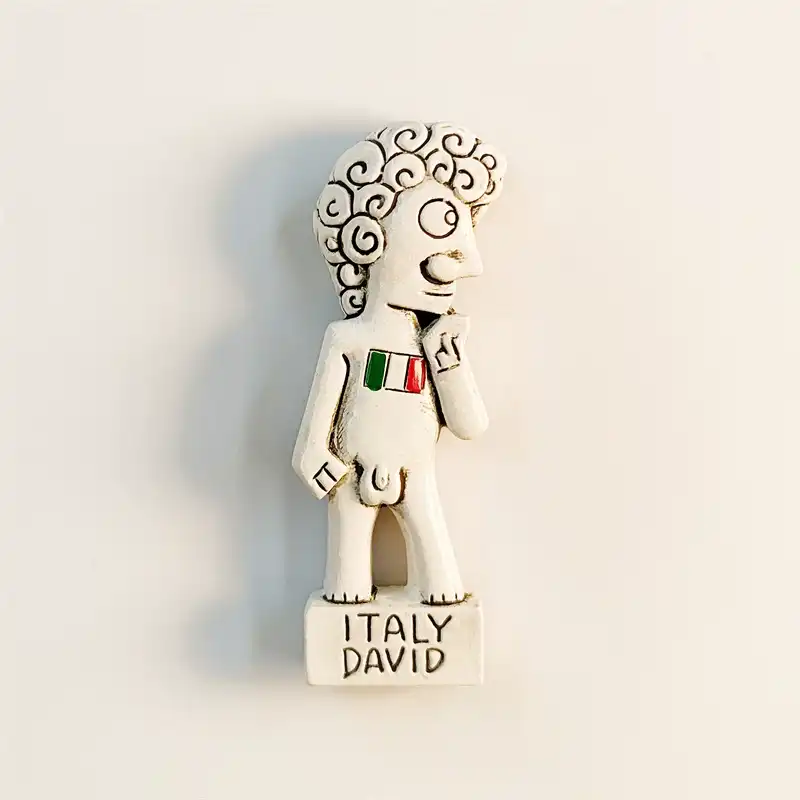 Italy David souvenir fridge magnet front view, chibi statue with Italian flag on chest