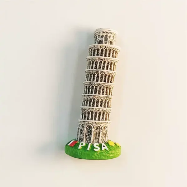 Italy Leaning Tower of Pisa souvenir fridge magnet front view with arched tiers and green PISA base