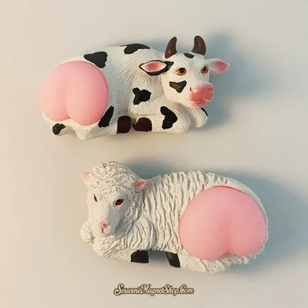 Detailed hand-painted pastoral cow and sheep magnets representing the nomadic culture of Kashgar, Xinjiang.