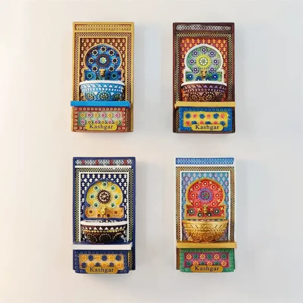 All four color styles of Kashgar Islamic arch wall fountain souvenir fridge magnet showing carved mosaic washbasin design