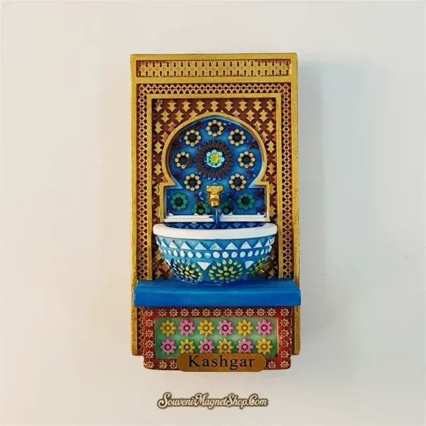Kashgar wall fountain fridge magnet gold amber frame with blue teal mosaic arch backdrop and blue white patterned basin