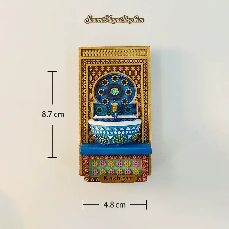 Kashgar wall fountain magnet gold blue variant size reference showing 8.7cm height and 4.8cm width