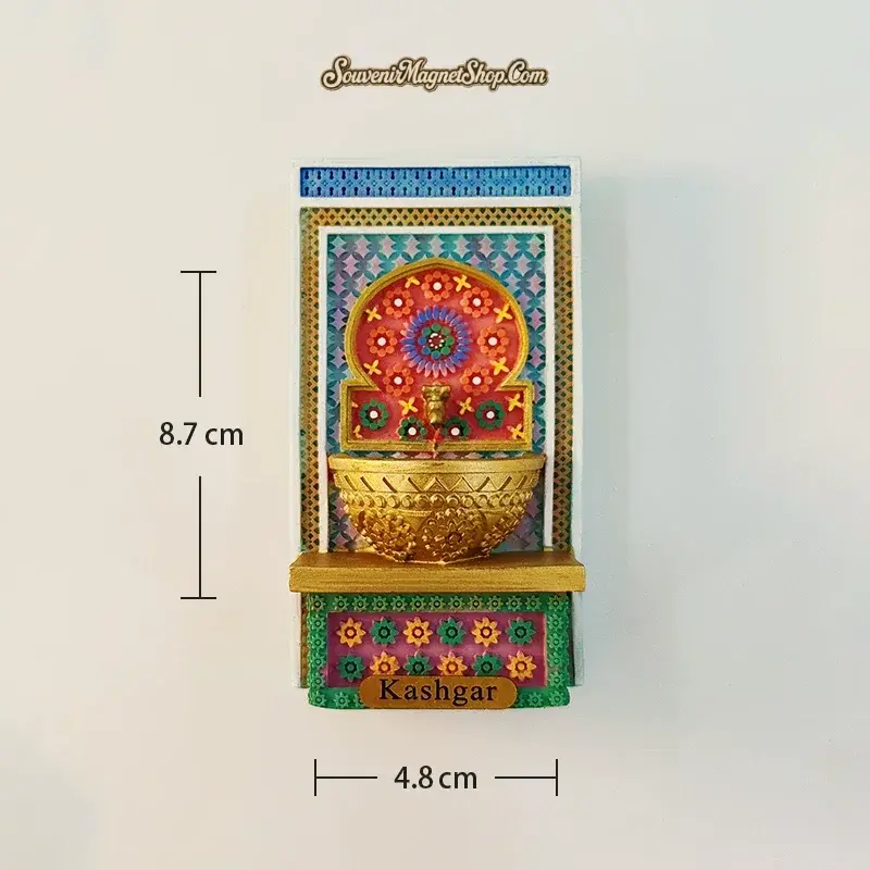 Kashgar wall fountain magnet colorful red variant size reference showing 8.7cm height and 4.8cm width