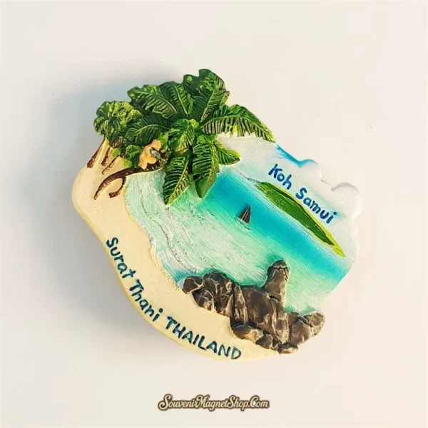 Koh Samui Thailand travel fridge magnet left angle showing 3D sculpted palm trees and rocky coastline