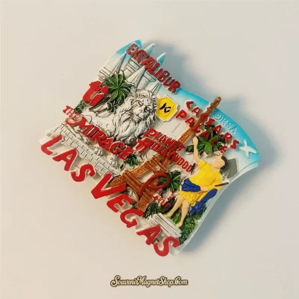 Las Vegas travel gift magnet with vibrant depiction of casino hotels, The Mirage lion, and the Eiffel Tower replica for collectors.