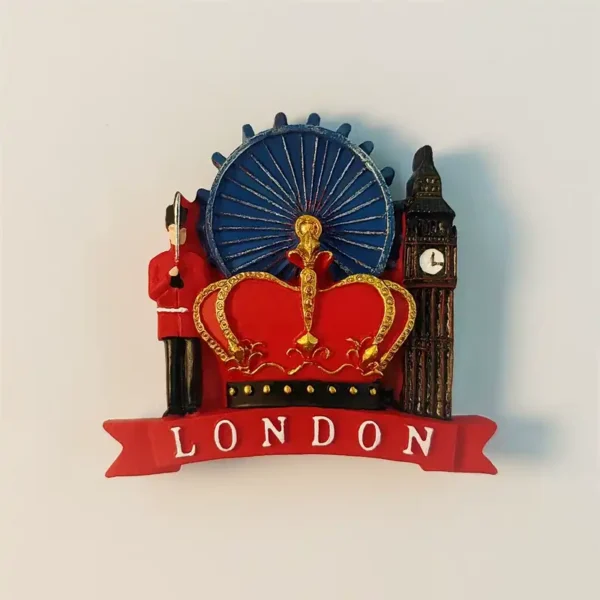 Front view of a colorful London souvenir fridge magnet featuring a red crown, Big Ben, a Queen's Guard, and the London Eye.