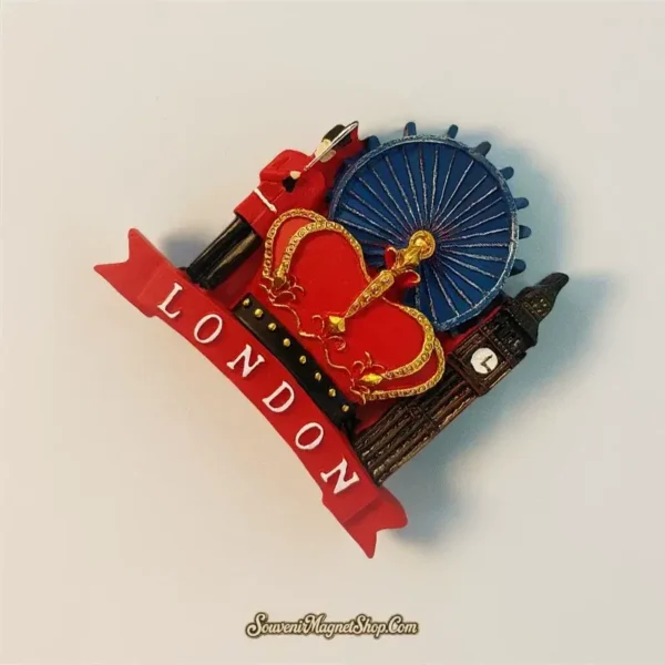 London travel gift magnet displaying a vibrant collection of British symbols including the Crown, Big Ben, a Royal Guard, and the London Eye.
