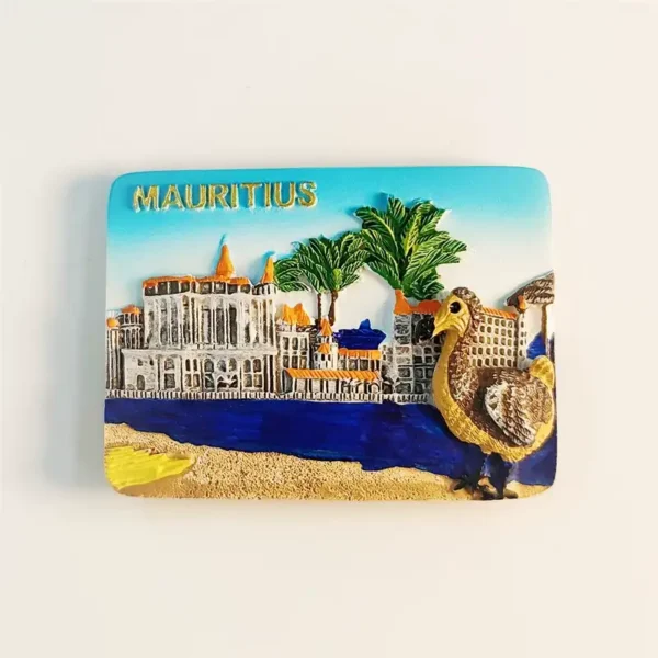 Mauritius souvenir fridge magnet front view with dodo bird, colonial building, palm trees and sandy beach