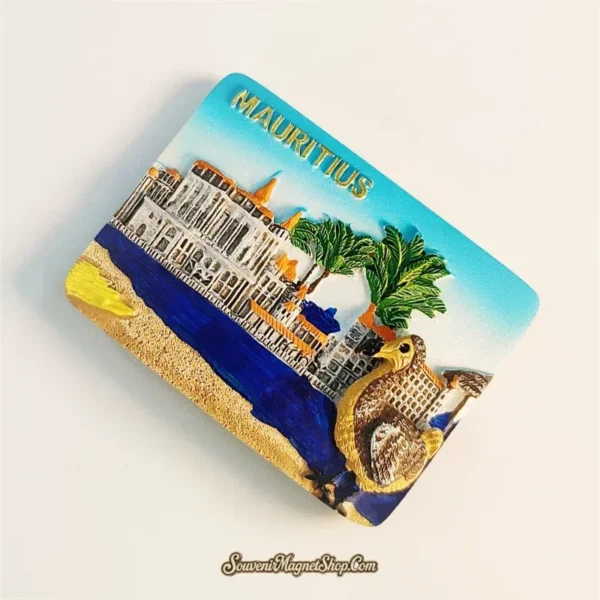 Mauritius fridge magnet left angle showing 3D resin depth with dodo bird and colonial waterfront scene