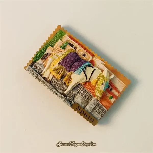 Mijas Donkey Taxi fridge magnet, an ideal travel gift from Spain's charming white village, displayed at an angle.