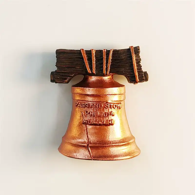 philadelphia-liberty-bell-fridge-magnet-front Philadelphia Liberty Bell souvenir fridge magnet front view with copper finish and embossed inscription