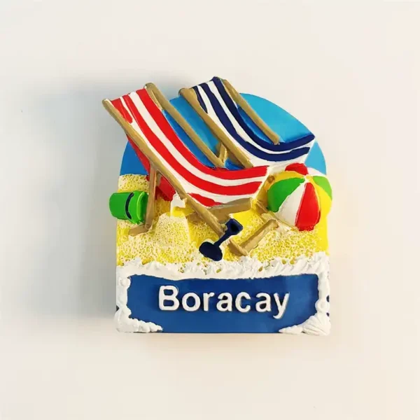 Philippines Boracay souvenir fridge magnet front view with 3D resin beach chairs sandy shore and colorful ball