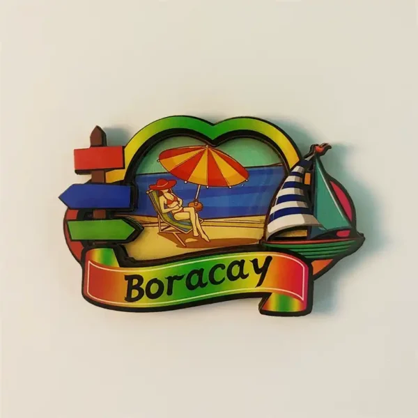 Colorful 3D Boracay Philippines fridge magnet front view with beach scene, umbrella, and sailboat