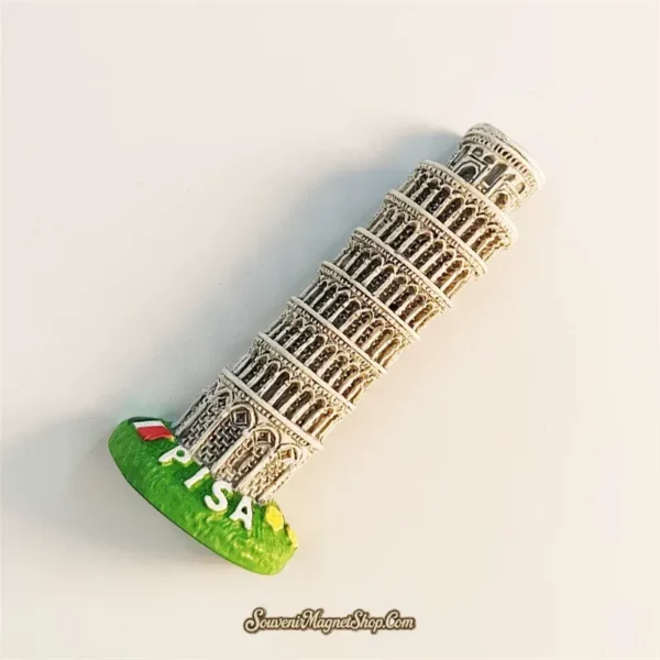 Leaning Tower of Pisa fridge magnet left-back angle showing 3D resin column detail and Italian flag base