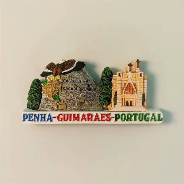Portugal Guimarães Penha fridge magnet front view showing Sanctuary church and Gago Coutinho eagle monument with colorful PENHA-GUIMARAES-PORTUGAL base text