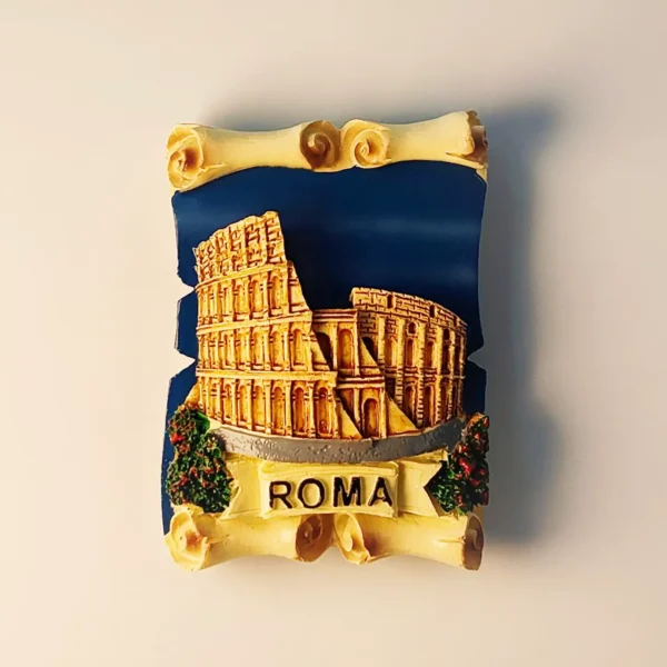 Front view of a 3D Italy Rome Colosseum fridge magnet featuring a creative vintage scroll design and ROMA text.