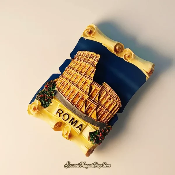 Close-up of the vintage scroll style Rome Colosseum magnet, highlighting the artistic craftsmanship and floral accents.