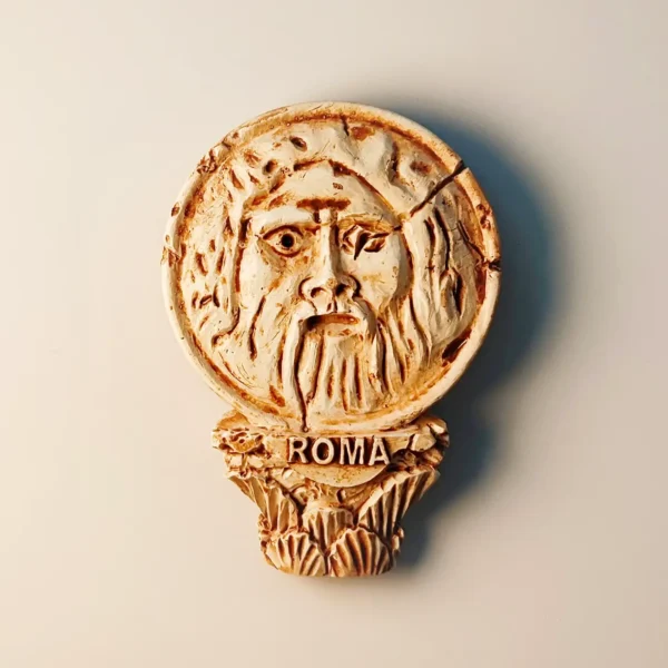 Front view of the Rome Mouth of Truth fridge magnet, featuring its distressed vintage style.