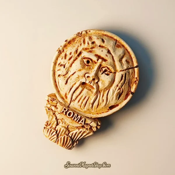 Angle view of the Rome Mouth of Truth magnet, showcasing its unique texture and "ROMA" inscription, ideal as a travel gift.