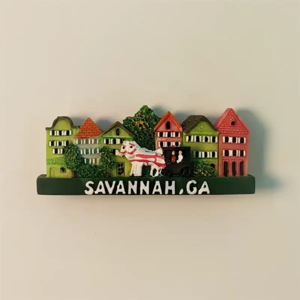 Front view of a colorful Savannah, GA historic district fridge magnet featuring charming buildings and a traditional horse-drawn carriage.