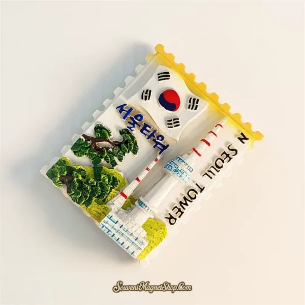 N Seoul Tower Korea fridge magnet right-side angle showing 3D stamp shape depth and tower detail