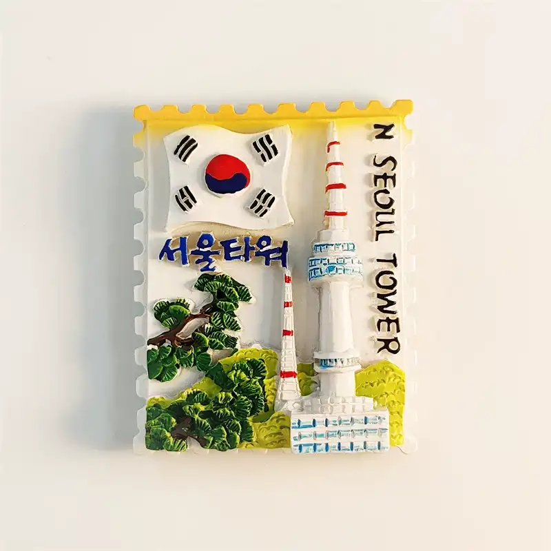South Korea N Seoul Tower souvenir fridge magnet front view stamp shape with Korean flag and pine tree