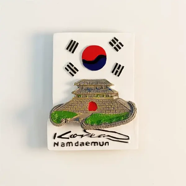South Korea Namdaemun Gate souvenir fridge magnet front view with Korean flag and 3D metallic gate relief