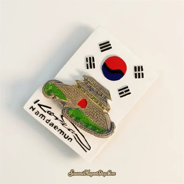Korea Namdaemun fridge magnet left-angle view showing 3D relief depth and white resin base