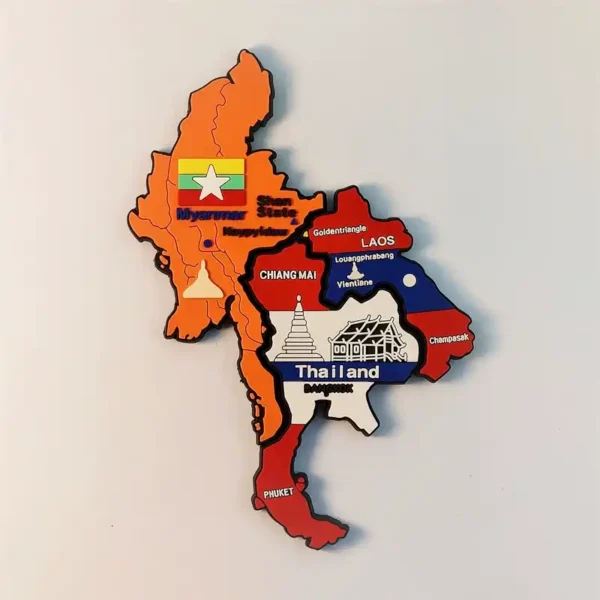 A 3-piece Southeast Asia map fridge magnet set featuring the flags and major cities of Thailand, Myanmar, and Laos, arranged as the Golden Triangle.